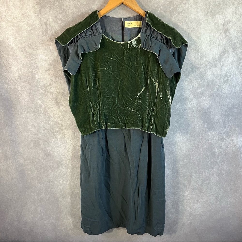 Toga‎ Pulla Midi Dress Women 1 Blue Green Velvet Medieval Cottagecore *See Desc*